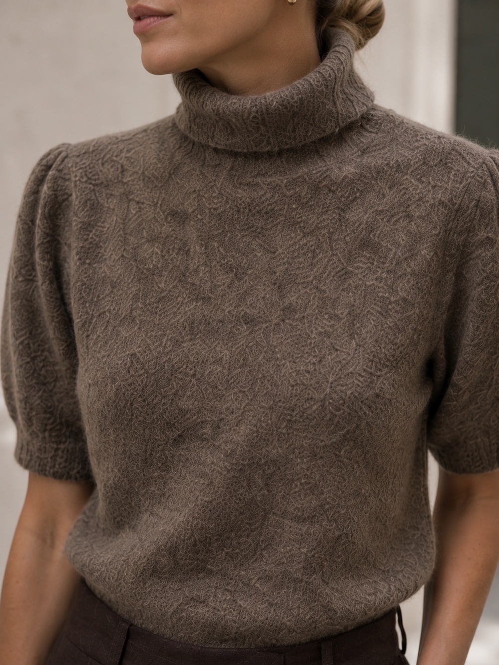 Zara Puff Sleeve High Neck Knit Sweater Brown/Taupe Size L NWT